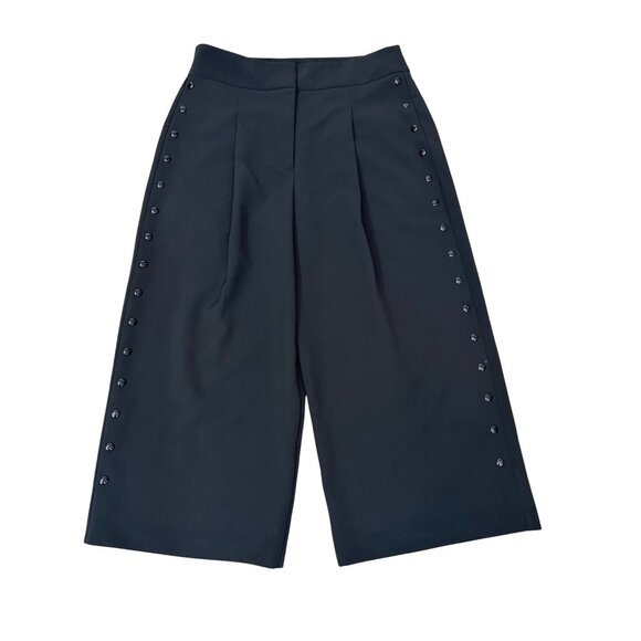 DKNY Black Wide Leg Cropped Pants 10 Studded Culottes Capris High Rise Pleated - Picture 1 of 16